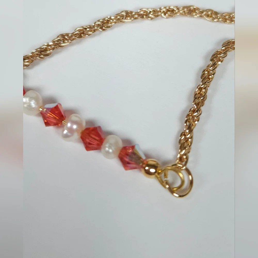 Handmade White Pearl & Pink Peach AB Crystal Bar Gold Bracelet Rope Twist Chain